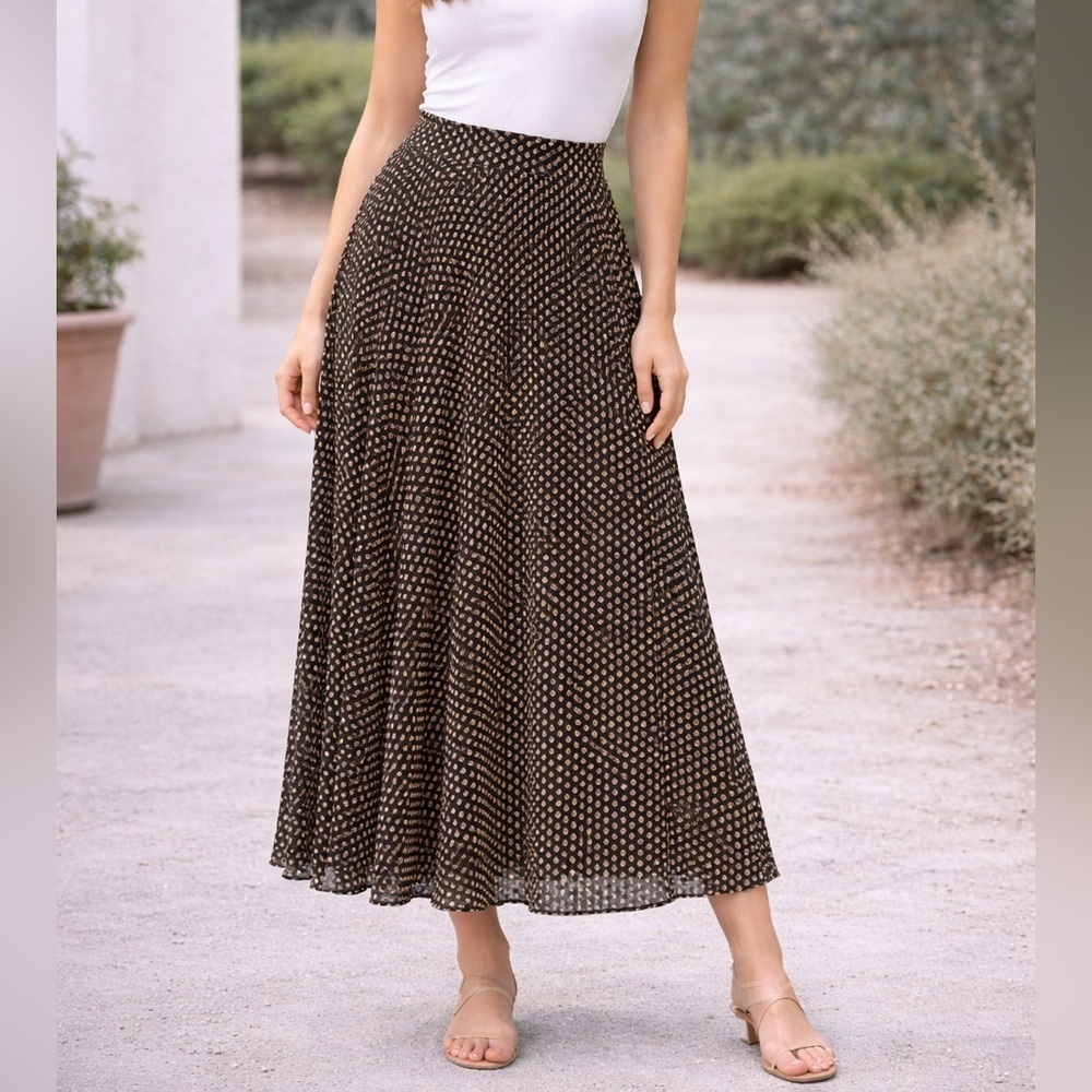 Max Studio Pleated Midi Skirt – Black & Orange Geometric Print, Size Small (NWT)